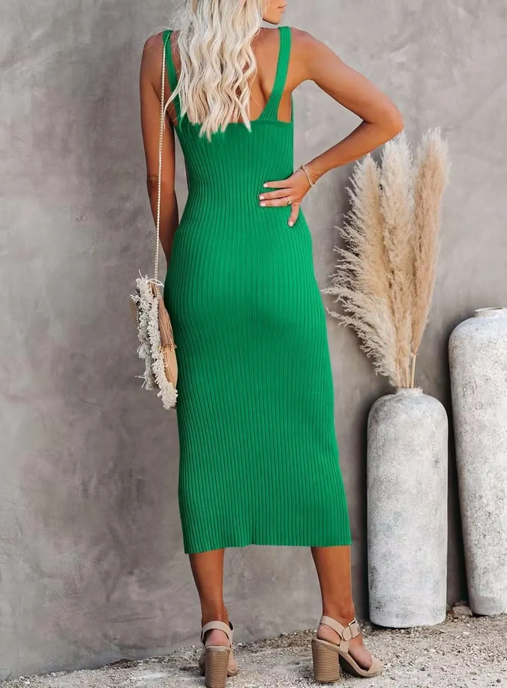 Lacozy Women's 2025 Summer Bodycon Midi Dress Sexy V-Neck Sleeveless Sweater Dress Casual Tank Top Dresses