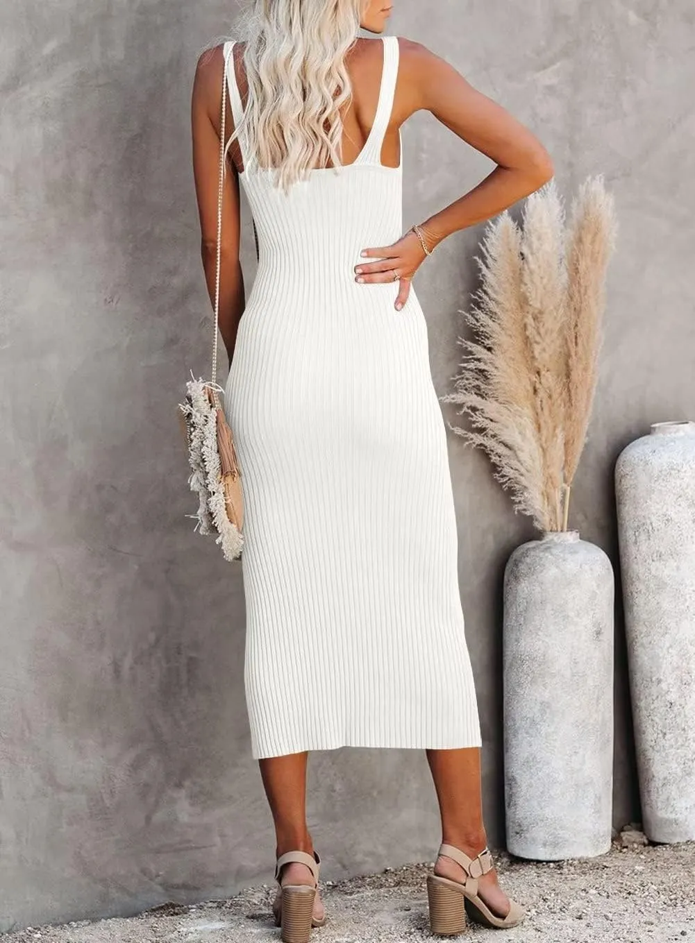 Lacozy Women's 2025 Summer Bodycon Midi Dress Sexy V-Neck Sleeveless Sweater Dress Casual Tank Top Dresses