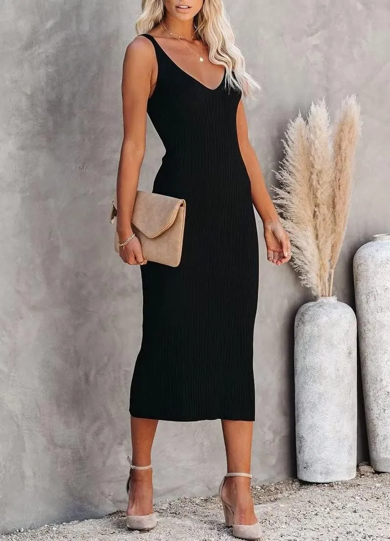 Lacozy Women's 2025 Summer Bodycon Midi Dress Sexy V-Neck Sleeveless Sweater Dress Casual Tank Top Dresses