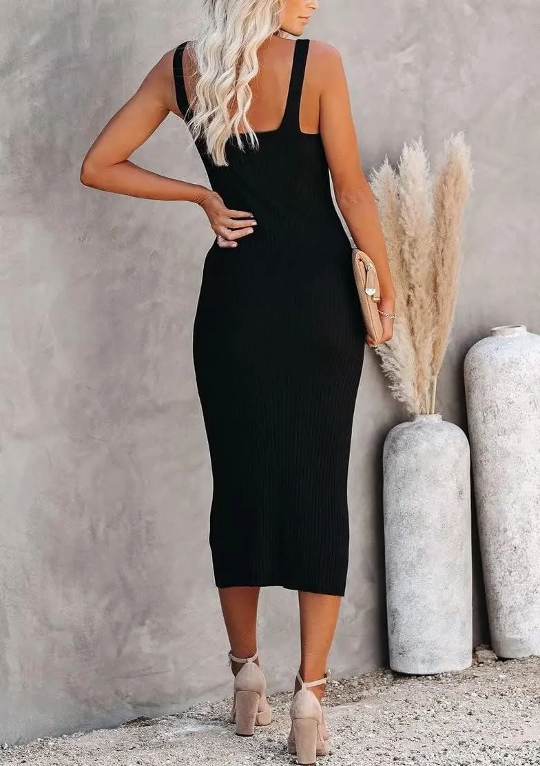 Lacozy Women's 2025 Summer Bodycon Midi Dress Sexy V-Neck Sleeveless Sweater Dress Casual Tank Top Dresses