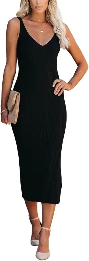 Lacozy Women's 2025 Summer Bodycon Midi Dress Sexy V-Neck Sleeveless Sweater Dress Casual Tank Top Dresses