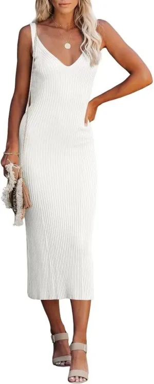 Lacozy Women's 2025 Summer Bodycon Midi Dress Sexy V-Neck Sleeveless Sweater Dress Casual Tank Top Dresses