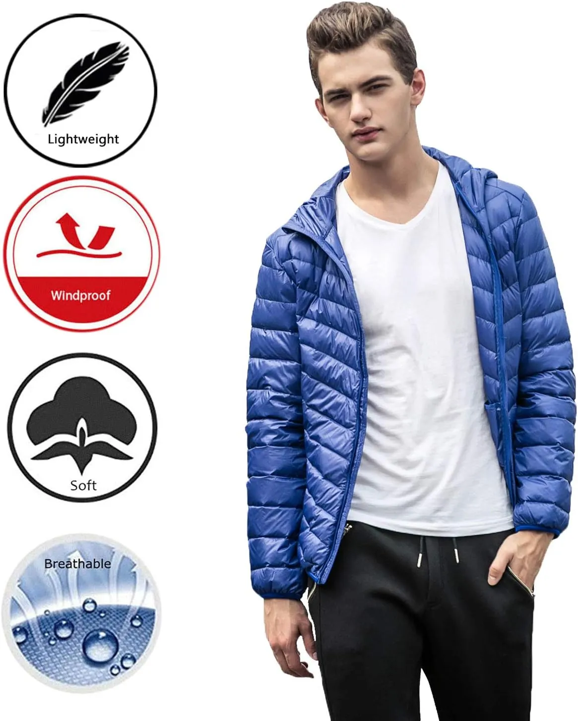 LANBAOSI Men Lightweight Puffer Jacket Winter Packable Hooded Down Coat with Zipper Pockets