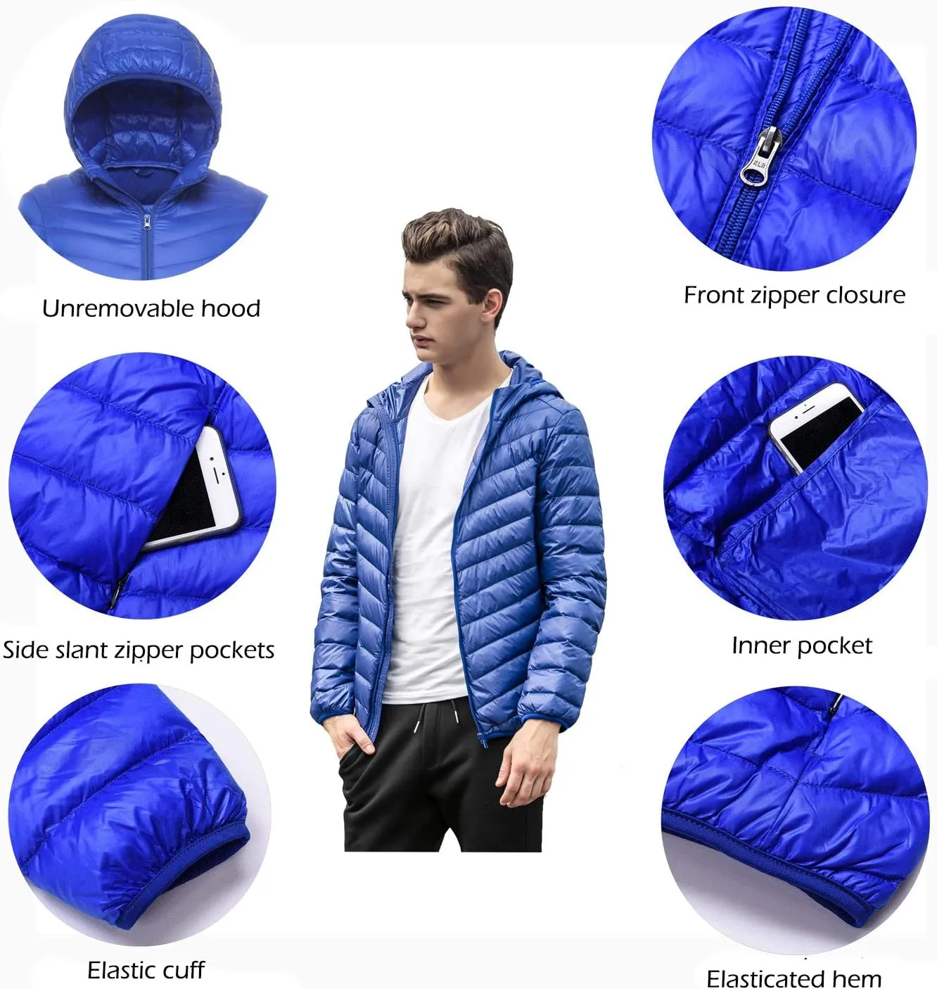 LANBAOSI Men Lightweight Puffer Jacket Winter Packable Hooded Down Coat with Zipper Pockets