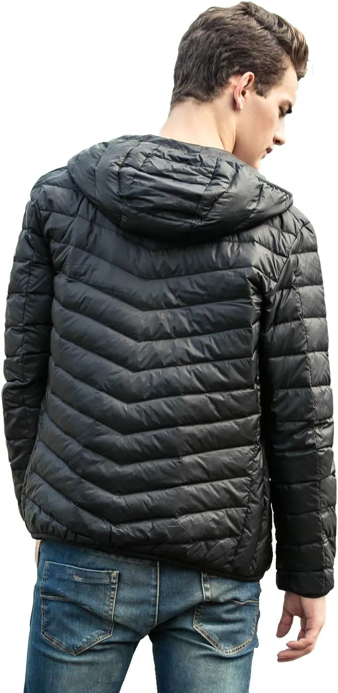 LANBAOSI Men Lightweight Puffer Jacket Winter Packable Hooded Down Coat with Zipper Pockets