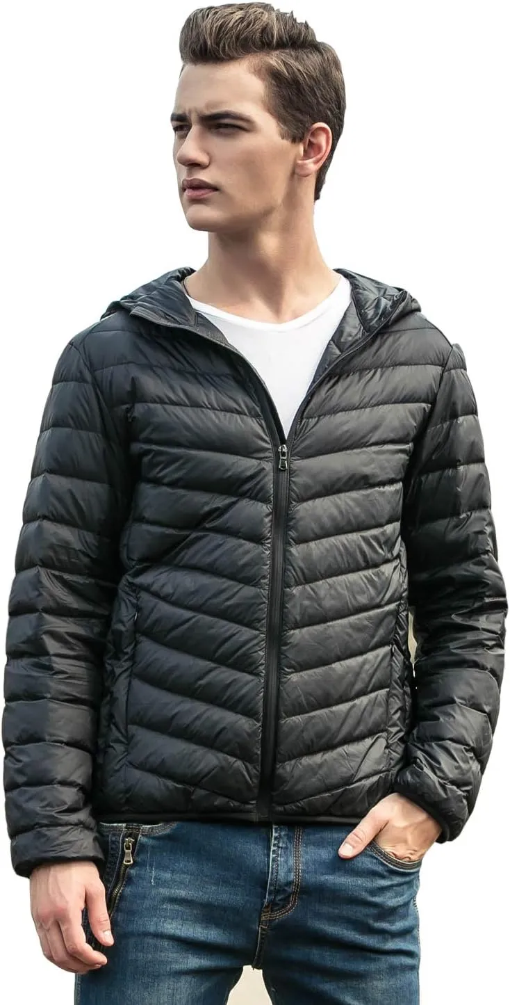 LANBAOSI Men Lightweight Puffer Jacket Winter Packable Hooded Down Coat with Zipper Pockets