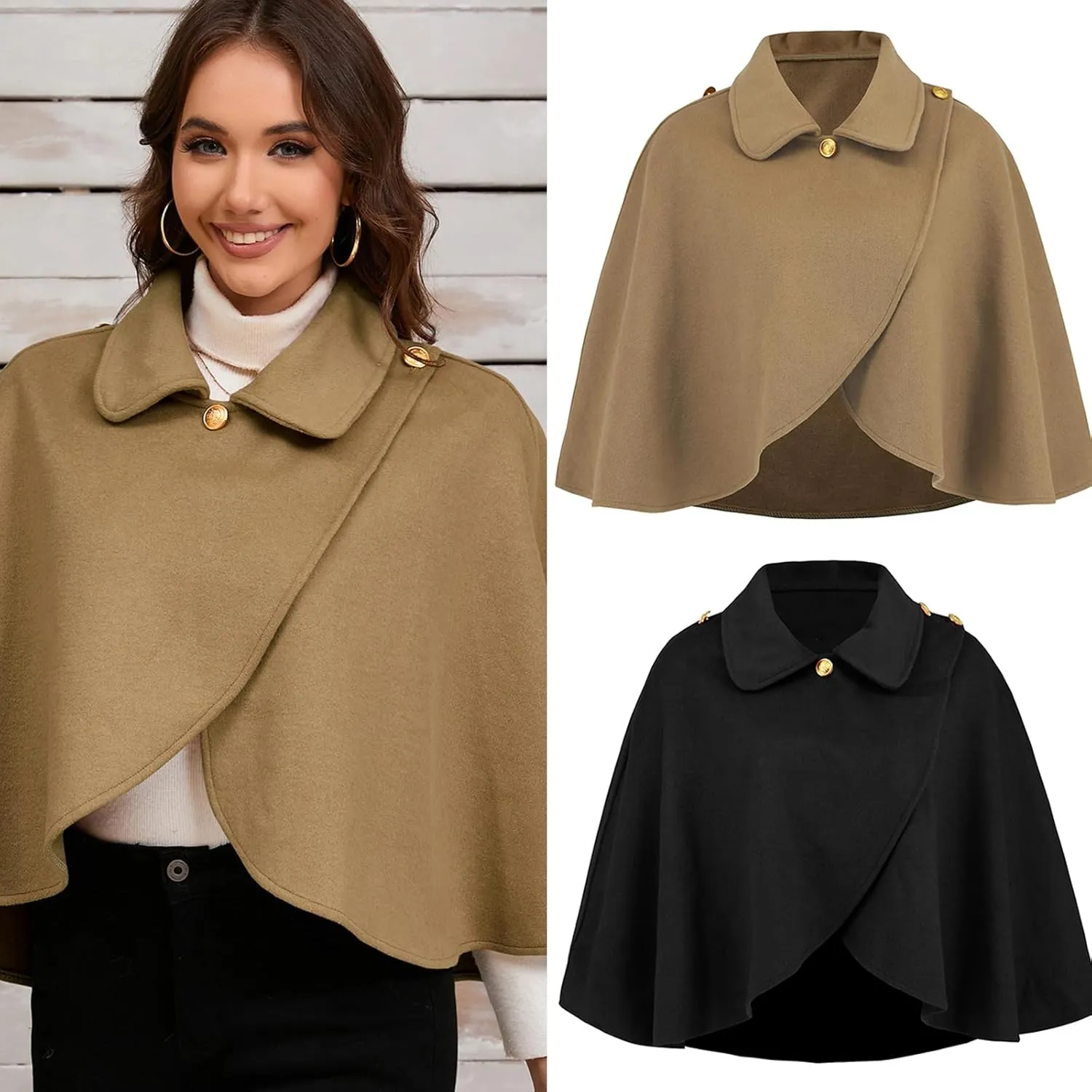 Lapel Collar Shawl Capes Faux Wool Short Cloak Coverup Crosses Wrap Front Sweater Ponchos Elegant Solid Color for Women Poncho Cape