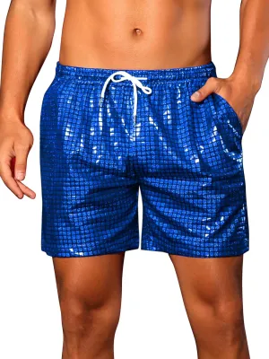 Lars Amadeus Metallic Short Pants for Men's Drawstring Elastic Waist Holographic Party Clubwear Plaid Hot Shorts