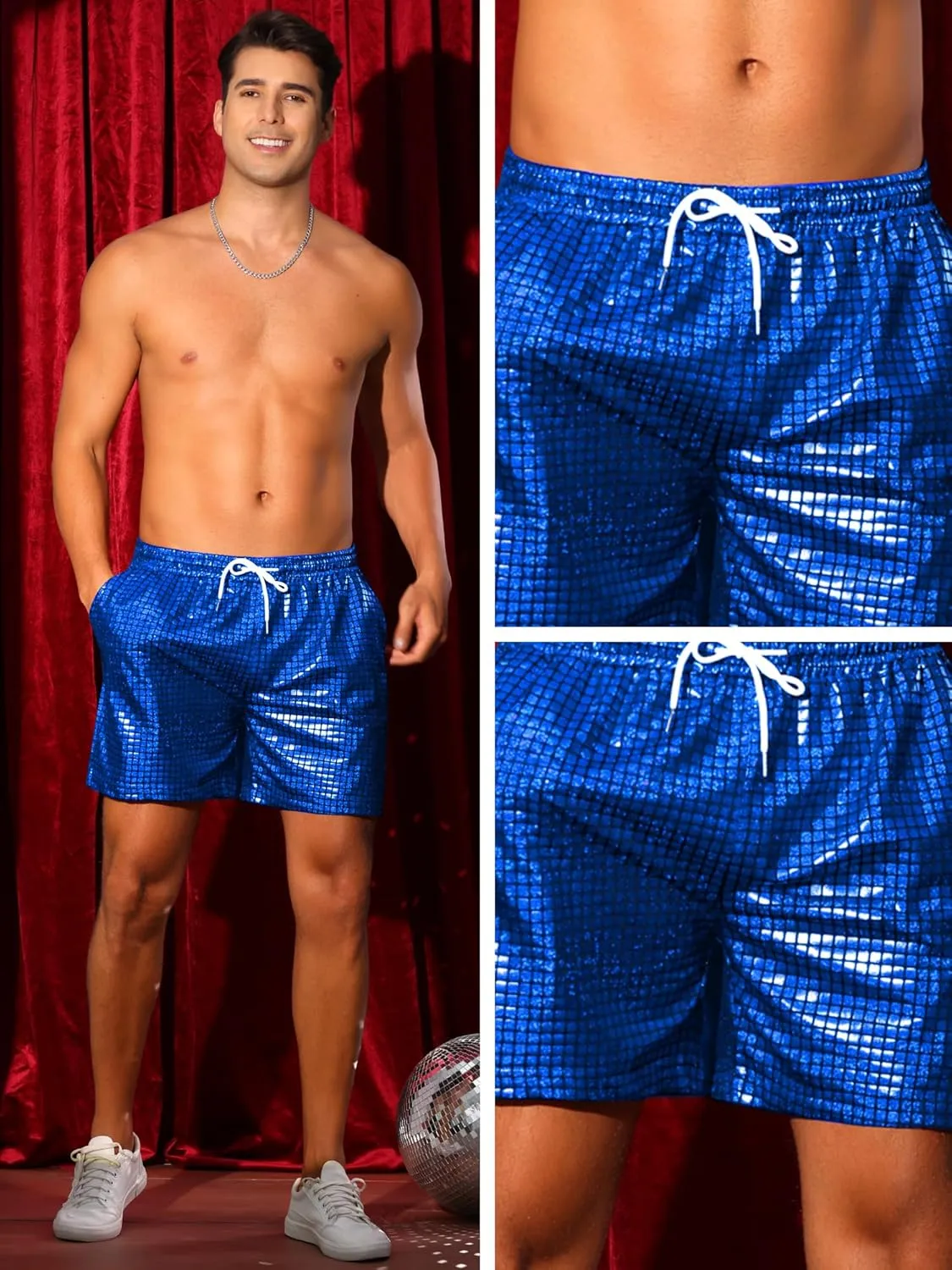 Lars Amadeus Metallic Short Pants for Men's Drawstring Elastic Waist Holographic Party Clubwear Plaid Hot Shorts