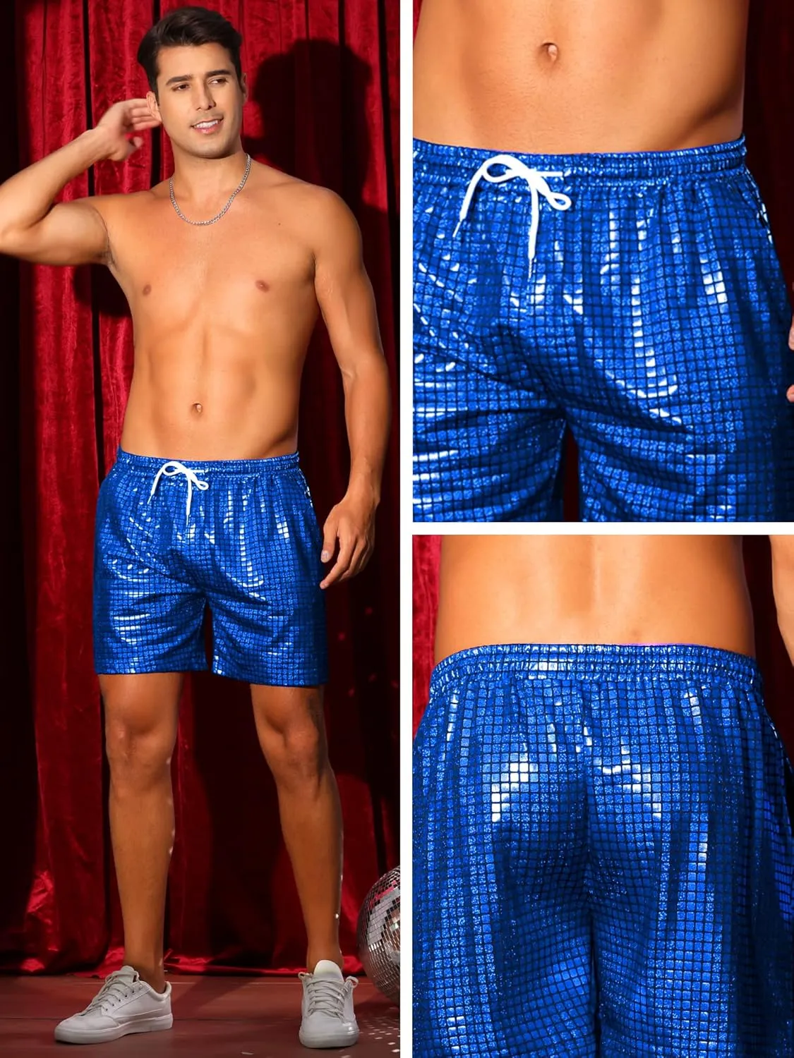Lars Amadeus Metallic Short Pants for Men's Drawstring Elastic Waist Holographic Party Clubwear Plaid Hot Shorts