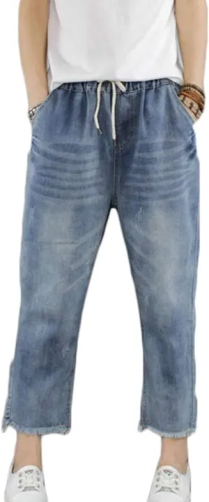 Lavnis Women's Cropped Jeans Cotton Loose Denim Pants Casual Elastic Waist Ripped Jean Joggers