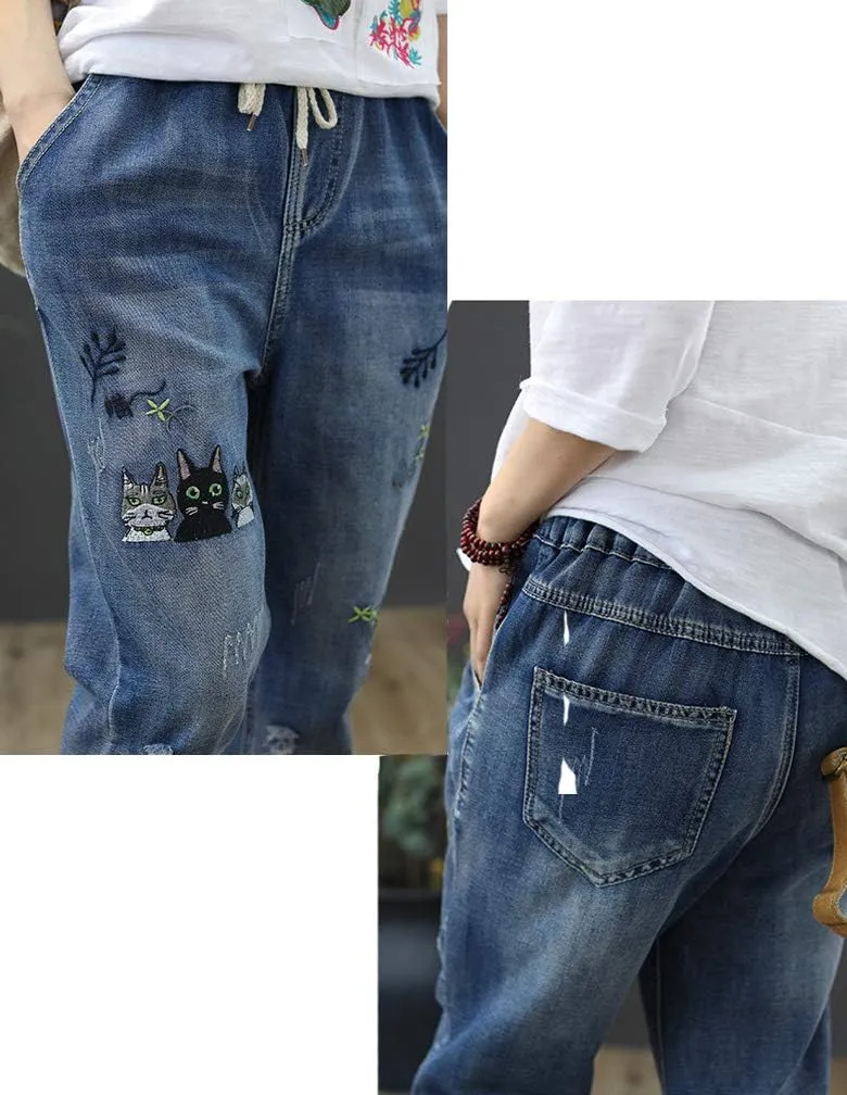 Lavnis Women's Cropped Jeans Cotton Loose Denim Pants Casual Elastic Waist Ripped Jean Joggers
