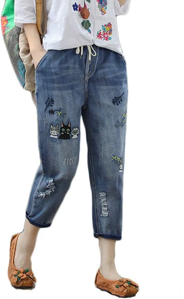 Lavnis Women's Cropped Jeans Cotton Loose Denim Pants Casual Elastic Waist Ripped Jean Joggers