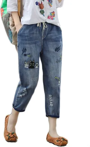 Lavnis Women's Cropped Jeans Cotton Loose Denim Pants Casual Elastic Waist Ripped Jean Joggers