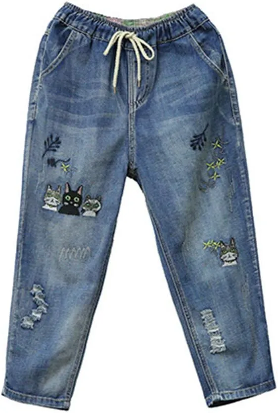 Lavnis Women's Cropped Jeans Cotton Loose Denim Pants Casual Elastic Waist Ripped Jean Joggers