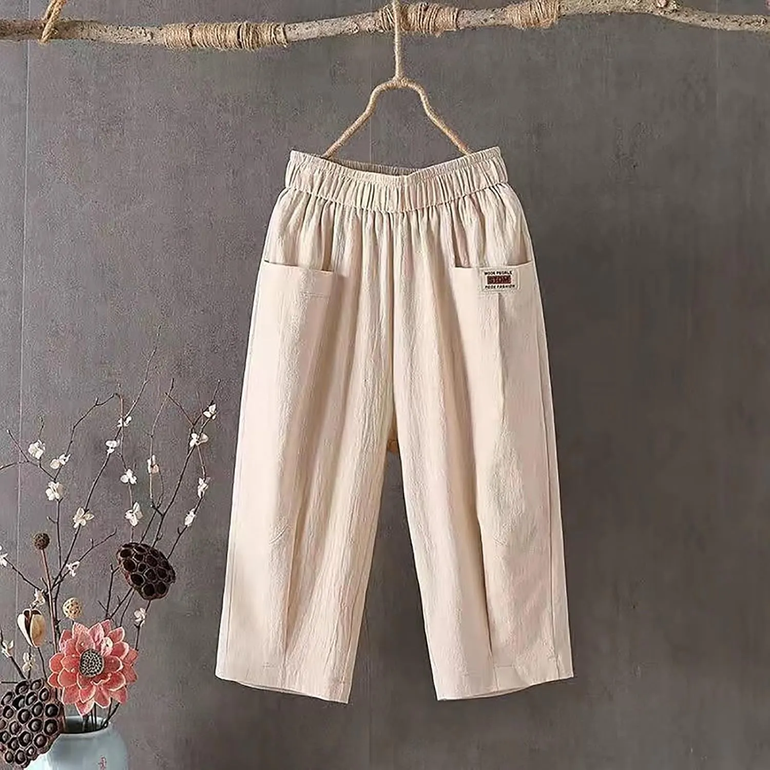LCMTWX Beach Pants for Women Pant Casual Baggy Elastic Waist Trouser Wide Leg Pant with Pocket Women Linen Palazzo Pants
