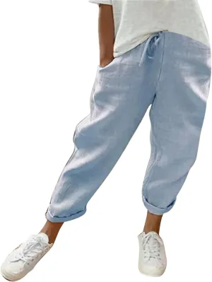 LCMTWX Beach Pants for Women Pant Casual Baggy Elastic Waist Trouser Wide Leg Pant with Pocket Women Linen Palazzo Pants
