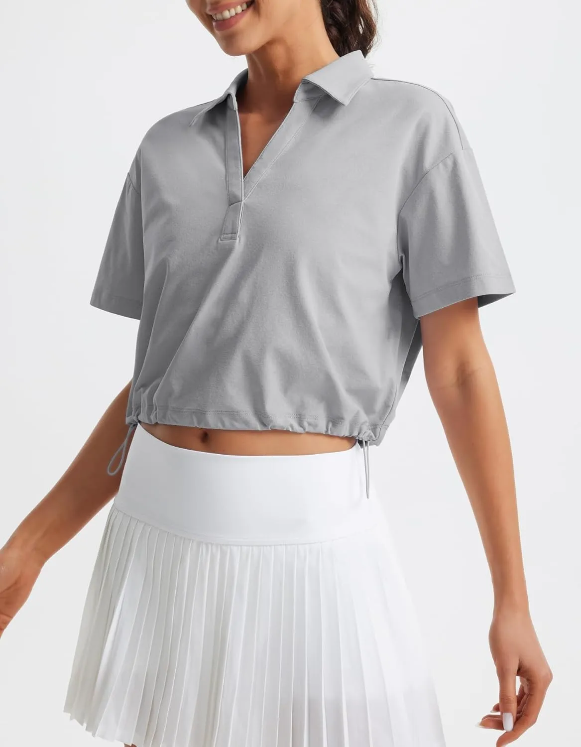 Libin Women's Short Sleeve V-Neck Polo Shirts Collared Lightweight Loose Fit T Shirt Cropped Tennis Golf Tops