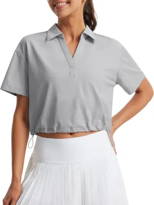 Libin Women's Short Sleeve V-Neck Polo Shirts Collared Lightweight Loose Fit T Shirt Cropped Tennis Golf Tops