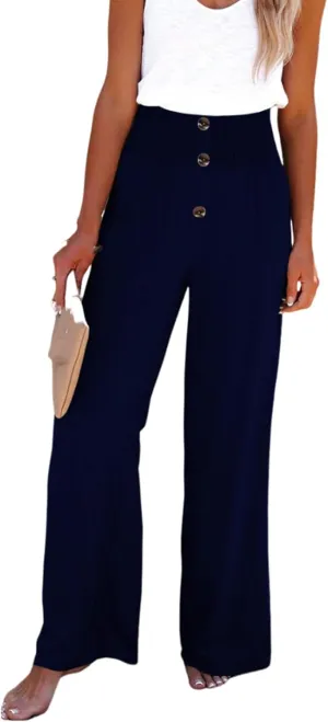 Linen Blend High Rise Smocked Pants,Women's Summer Solid High Waisted Loose Casual Elastic Waist Wide-Leg Trousers