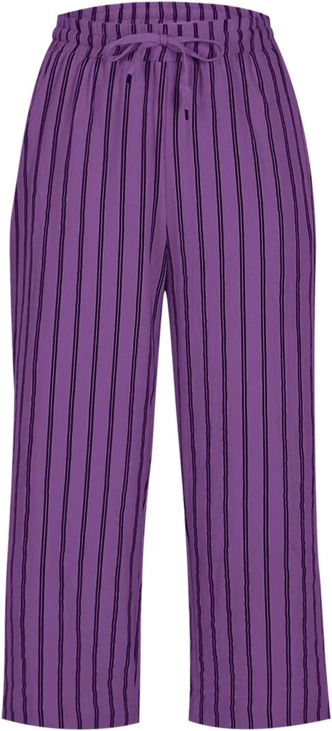 Linen Capri Pants for Women Summer Elastic Waist Casual Straight Leg Drawstring Beach Cropped Trousers with Pockets