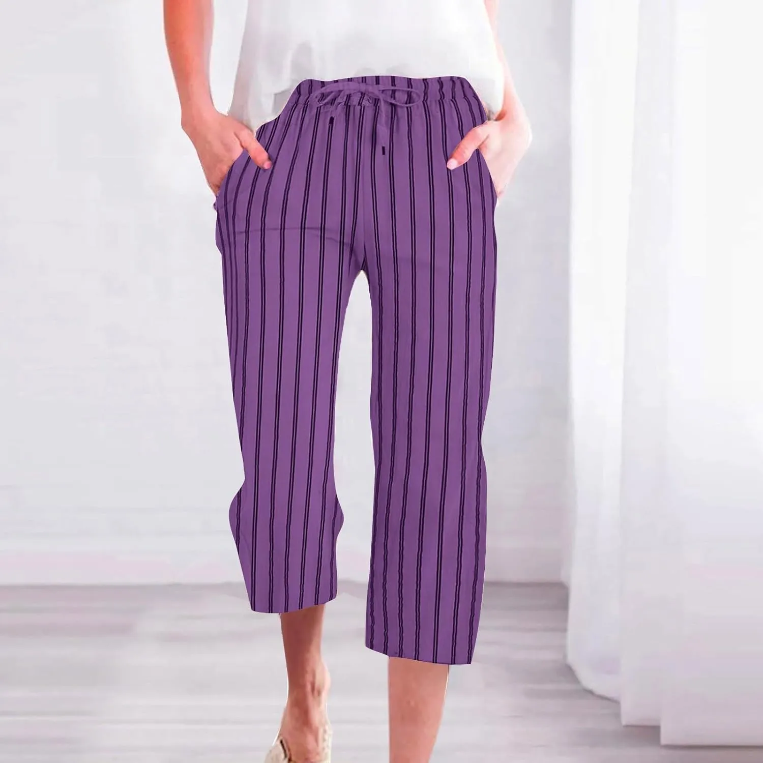 Linen Capri Pants for Women Summer Elastic Waist Casual Straight Leg Drawstring Beach Cropped Trousers with Pockets