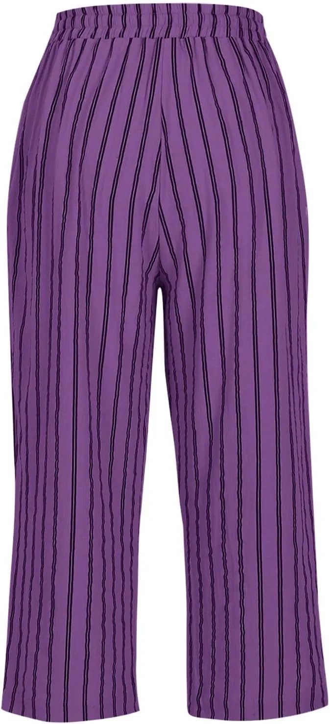 Linen Capri Pants for Women Summer Elastic Waist Casual Straight Leg Drawstring Beach Cropped Trousers with Pockets