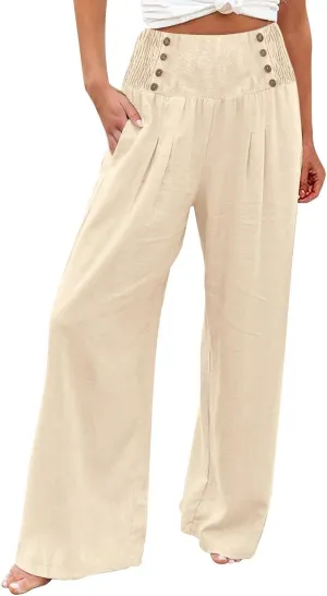 Linen Palazzo Pants for Women Elastic Waist Loose Lightweight Straight Lounge Linen Trousers Women