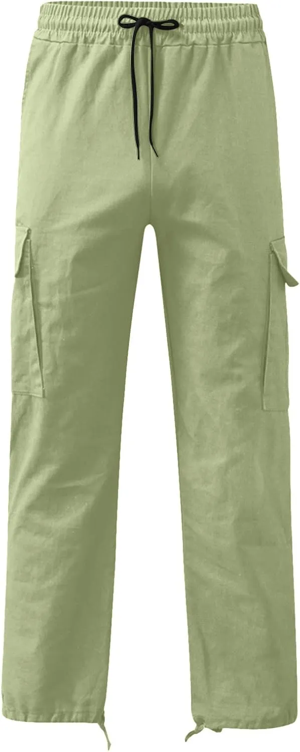 Linen Pants for Men Outdoor Fashion Multi Pockets Cotton Cargo Pants Classic Elastic Waist Solid Tactical Trouser