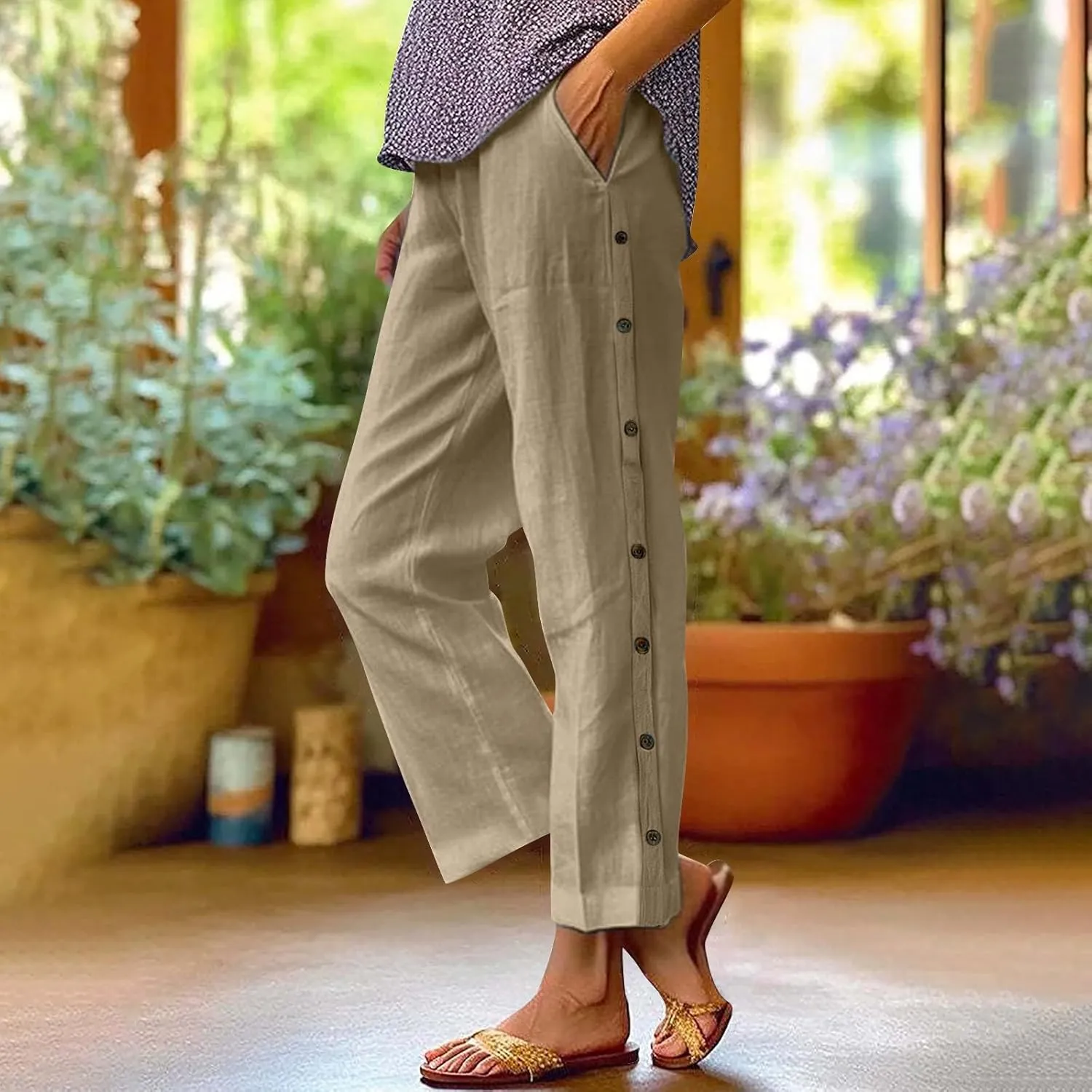 Linen Pants for Women 2025 High Waisted Wide Leg Trousers Trendy Striped Side Button Elastic Waist Summer Gauze Pants
