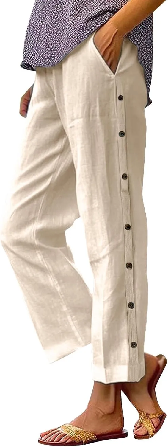 Linen Pants for Women 2025 High Waisted Wide Leg Trousers Trendy Striped Side Button Elastic Waist Summer Gauze Pants