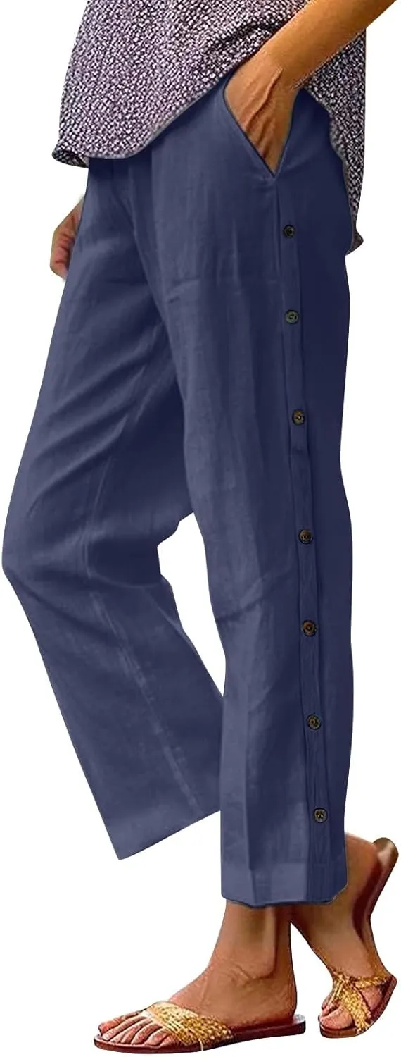 Linen Pants for Women 2025 High Waisted Wide Leg Trousers Trendy Striped Side Button Elastic Waist Summer Gauze Pants