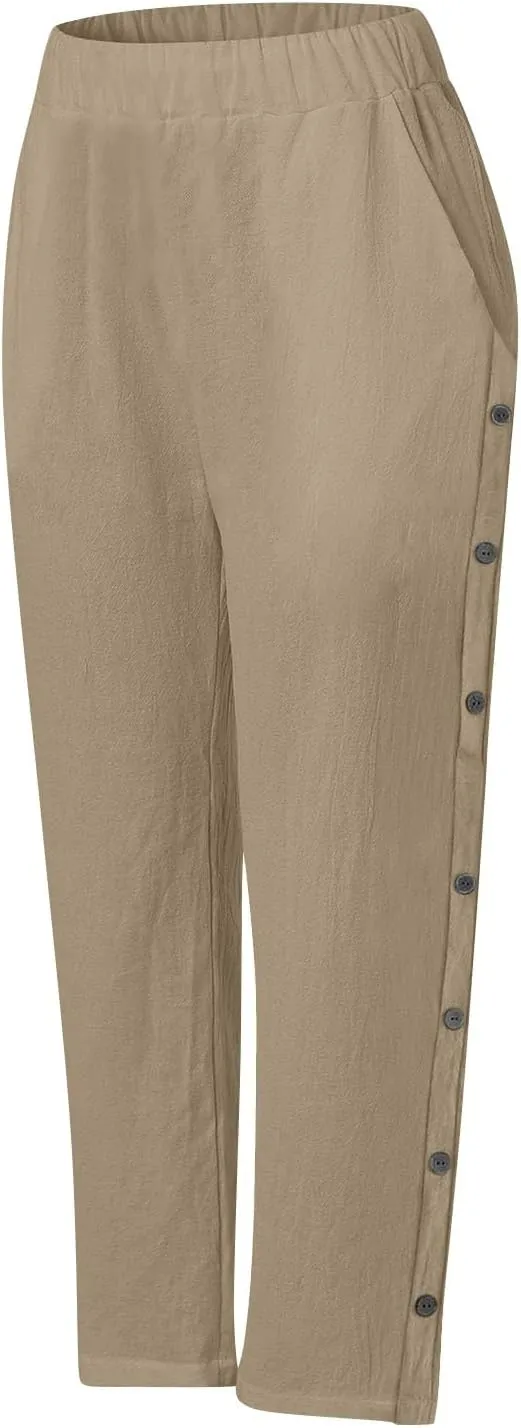 Linen Pants for Women 2025 High Waisted Wide Leg Trousers Trendy Striped Side Button Elastic Waist Summer Gauze Pants
