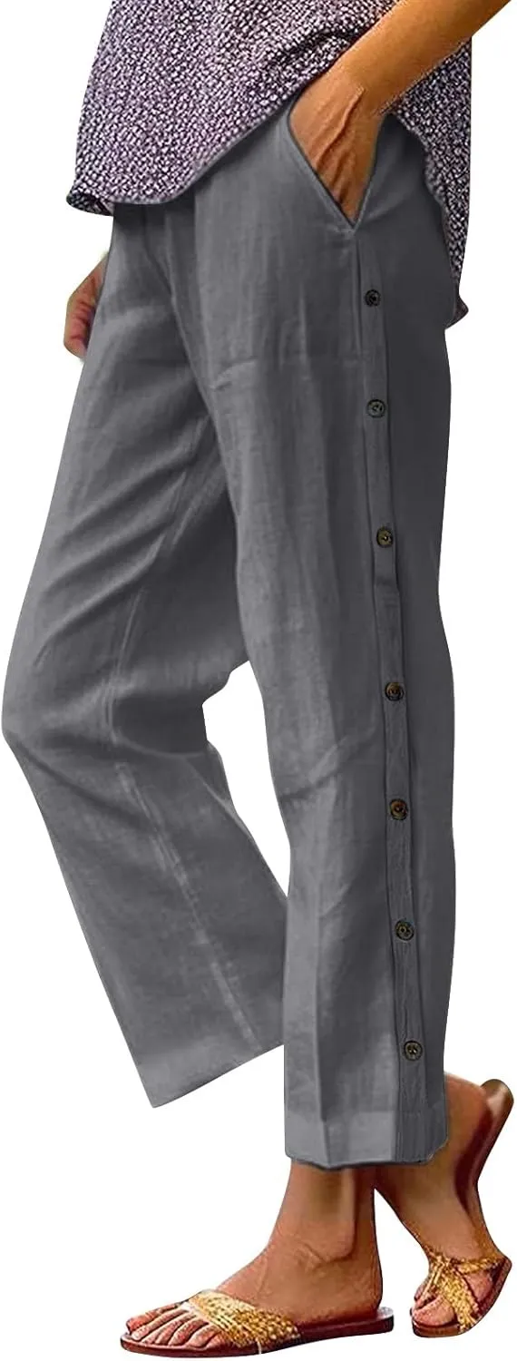 Linen Pants for Women 2025 High Waisted Wide Leg Trousers Trendy Striped Side Button Elastic Waist Summer Gauze Pants