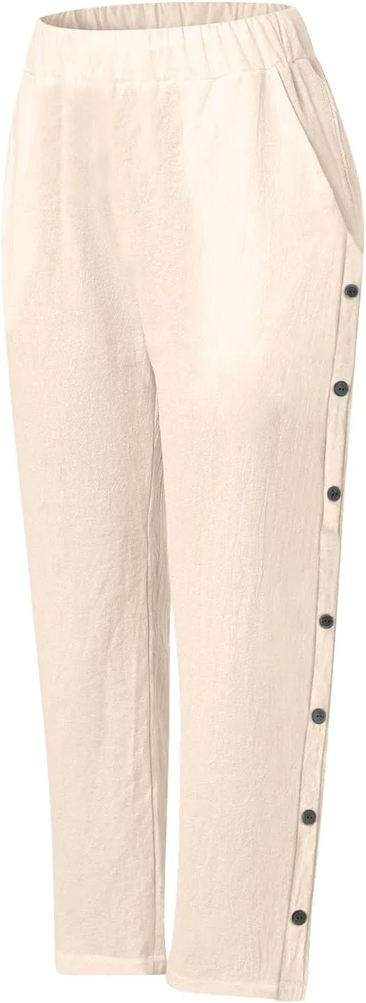 Linen Pants for Women 2025 High Waisted Wide Leg Trousers Trendy Striped Side Button Elastic Waist Summer Gauze Pants