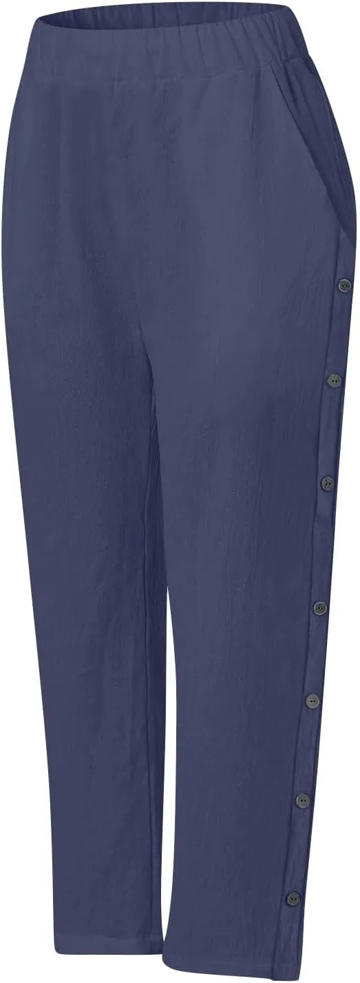 Linen Pants for Women 2025 High Waisted Wide Leg Trousers Trendy Striped Side Button Elastic Waist Summer Gauze Pants