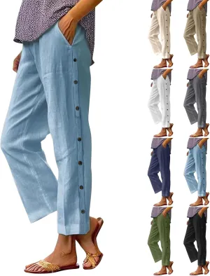 Linen Pants for Women 2025 High Waisted Wide Leg Trousers Trendy Striped Side Button Elastic Waist Summer Gauze Pants