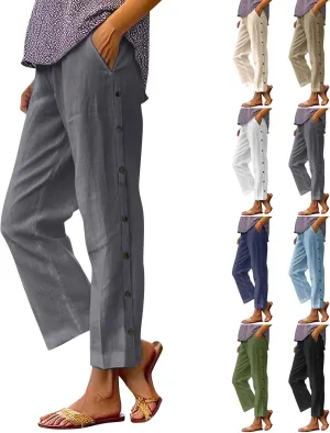 Linen Pants for Women 2025 High Waisted Wide Leg Trousers Trendy Striped Side Button Elastic Waist Summer Gauze Pants