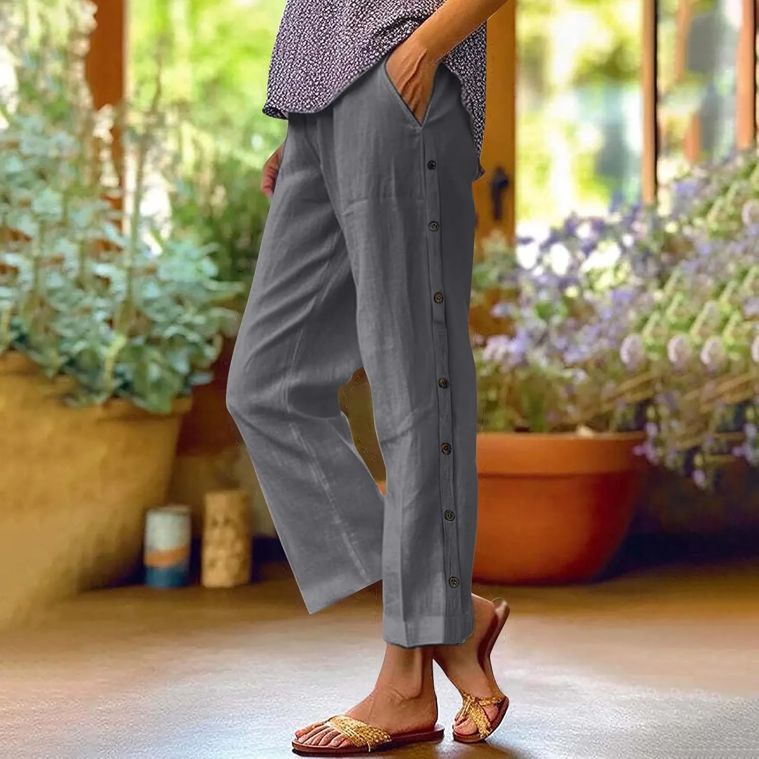 Linen Pants for Women 2025 High Waisted Wide Leg Trousers Trendy Striped Side Button Elastic Waist Summer Gauze Pants