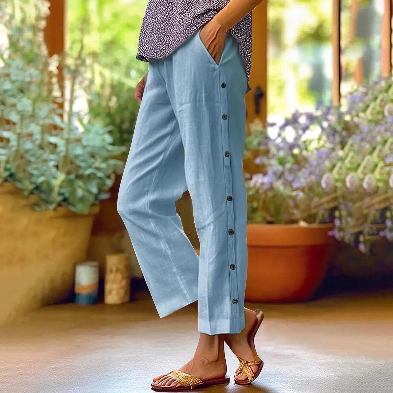 Linen Pants for Women 2025 High Waisted Wide Leg Trousers Trendy Striped Side Button Elastic Waist Summer Gauze Pants