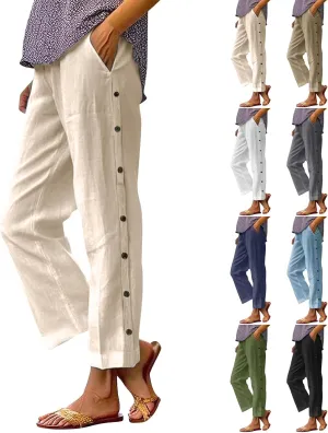 Linen Pants for Women 2025 High Waisted Wide Leg Trousers Trendy Striped Side Button Elastic Waist Summer Gauze Pants