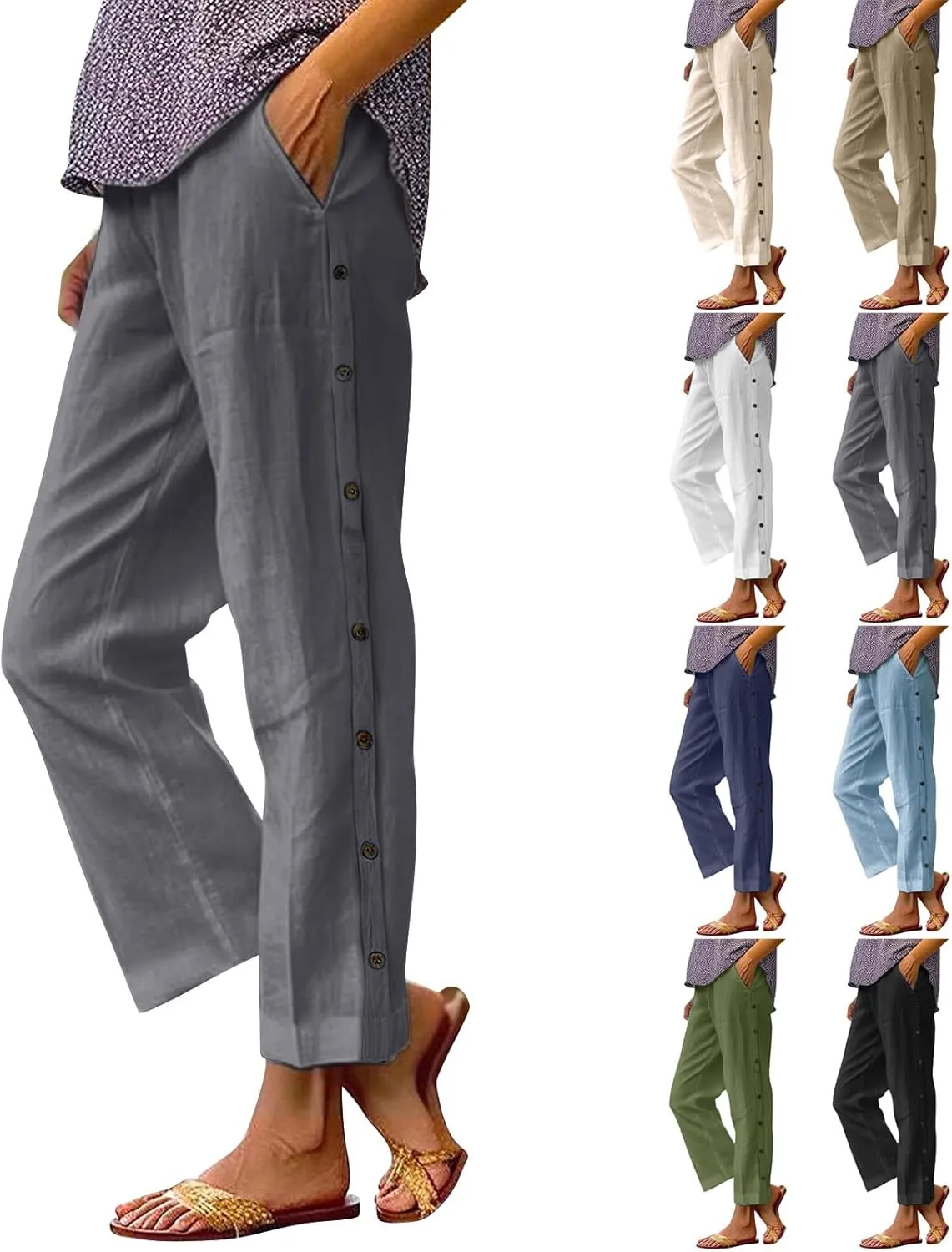 Linen Pants for Women 2025 High Waisted Wide Leg Trousers Trendy Striped Side Button Elastic Waist Summer Gauze Pants