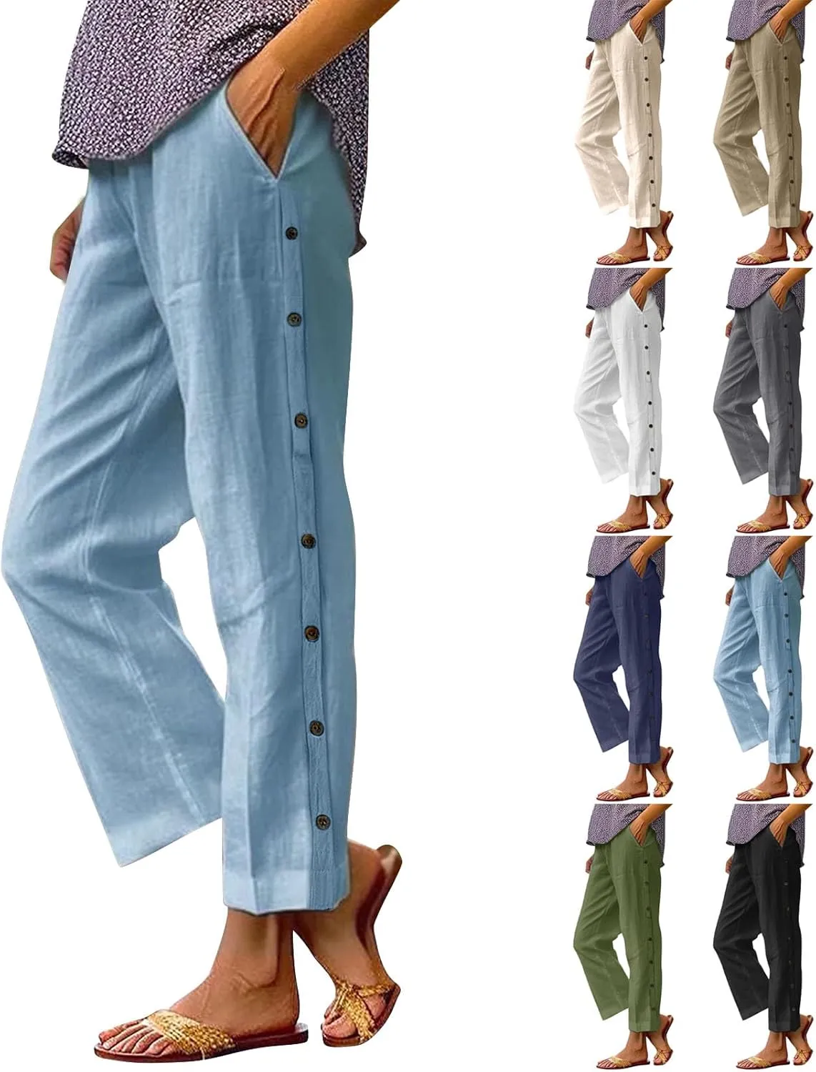 Linen Pants for Women 2025 High Waisted Wide Leg Trousers Trendy Striped Side Button Elastic Waist Summer Gauze Pants