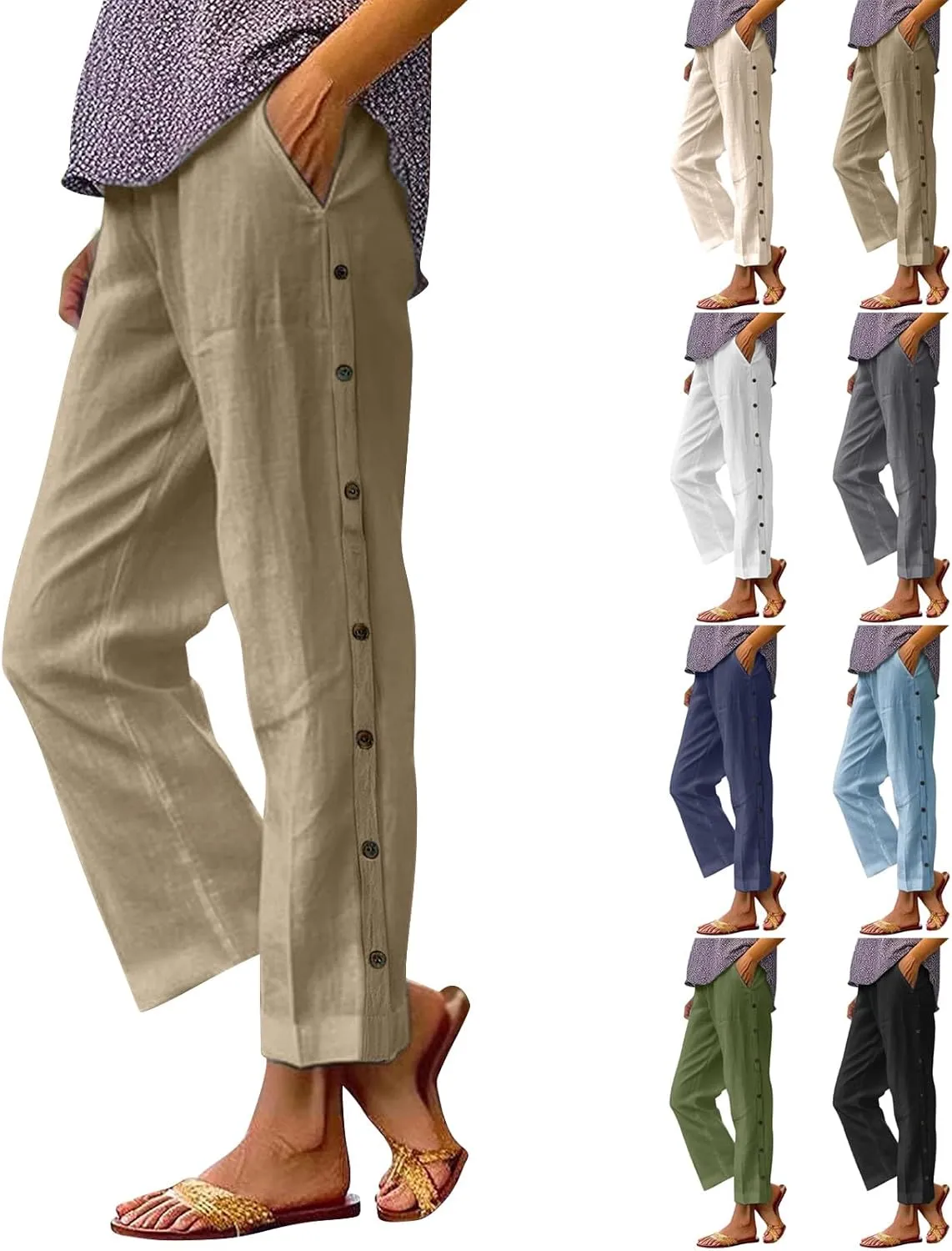 Linen Pants for Women 2025 High Waisted Wide Leg Trousers Trendy Striped Side Button Elastic Waist Summer Gauze Pants