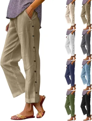 Linen Pants for Women 2025 High Waisted Wide Leg Trousers Trendy Striped Side Button Elastic Waist Summer Gauze Pants