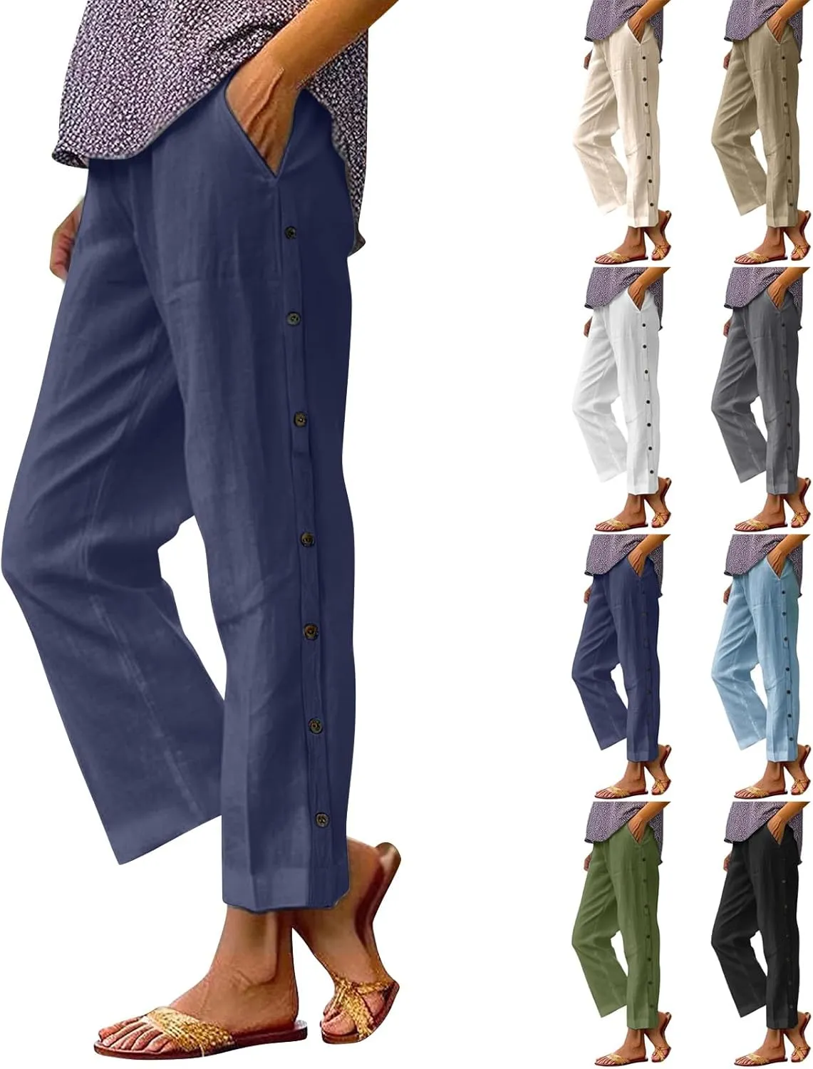 Linen Pants for Women 2025 High Waisted Wide Leg Trousers Trendy Striped Side Button Elastic Waist Summer Gauze Pants