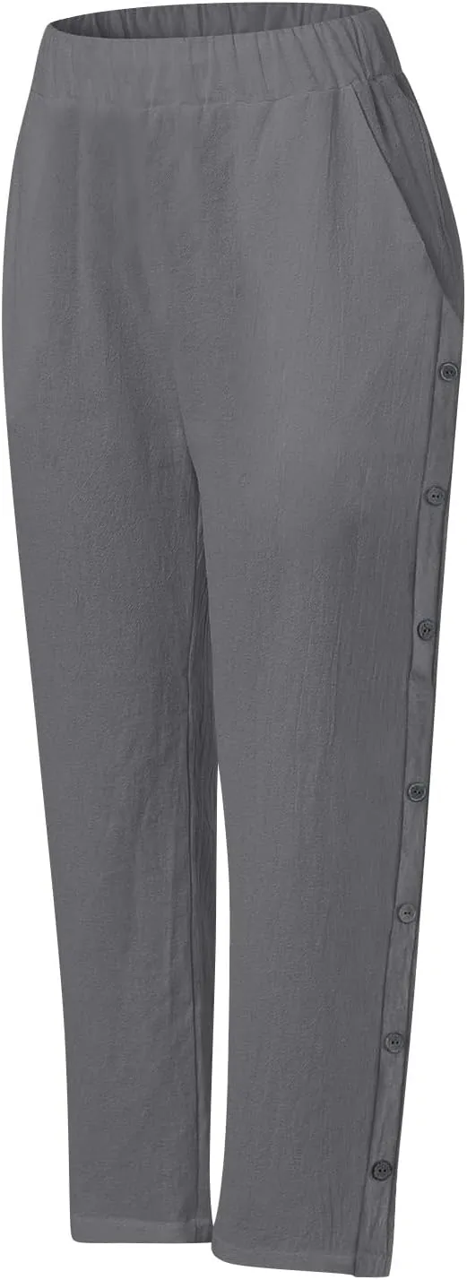 Linen Pants for Women 2025 High Waisted Wide Leg Trousers Trendy Striped Side Button Elastic Waist Summer Gauze Pants