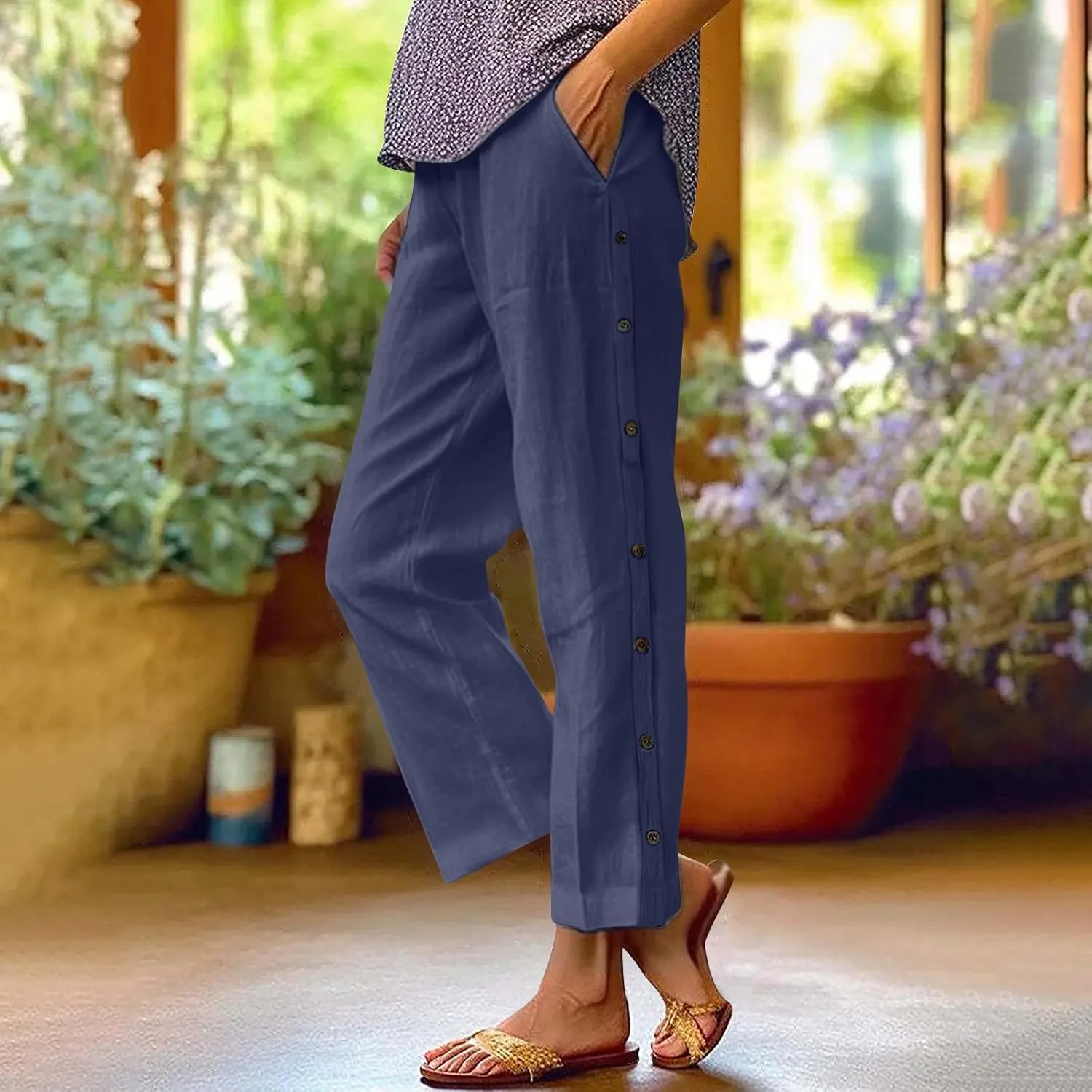 Linen Pants for Women 2025 High Waisted Wide Leg Trousers Trendy Striped Side Button Elastic Waist Summer Gauze Pants