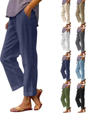 Linen Pants for Women 2025 High Waisted Wide Leg Trousers Trendy Striped Side Button Elastic Waist Summer Gauze Pants