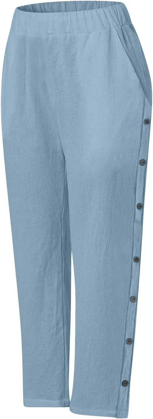 Linen Pants for Women 2025 High Waisted Wide Leg Trousers Trendy Striped Side Button Elastic Waist Summer Gauze Pants